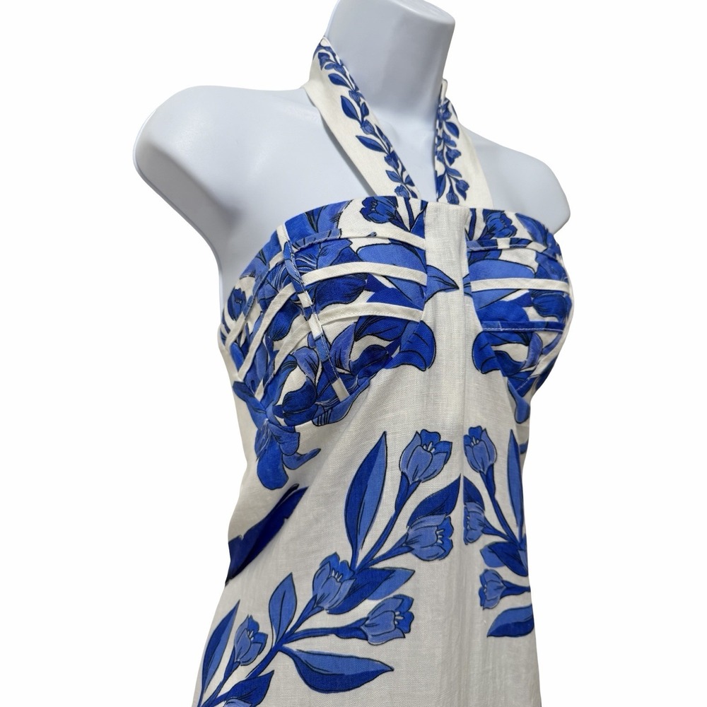 Farm Rio Blue Yard Office White Sleeveless Halter Maxi Dress Size L Tropical NEW - Picture 5 of 16